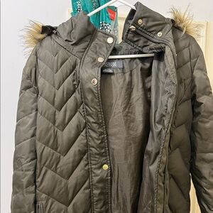 Calvin Klein Olive Puffer Jacket with Faux Fur Trim